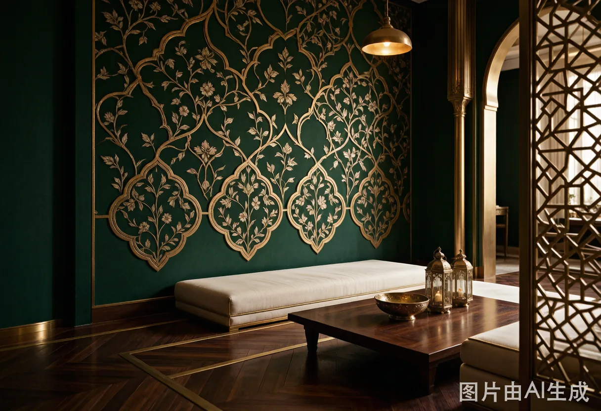 Emerald interior — curtain, wall, floor and brass coordinated.