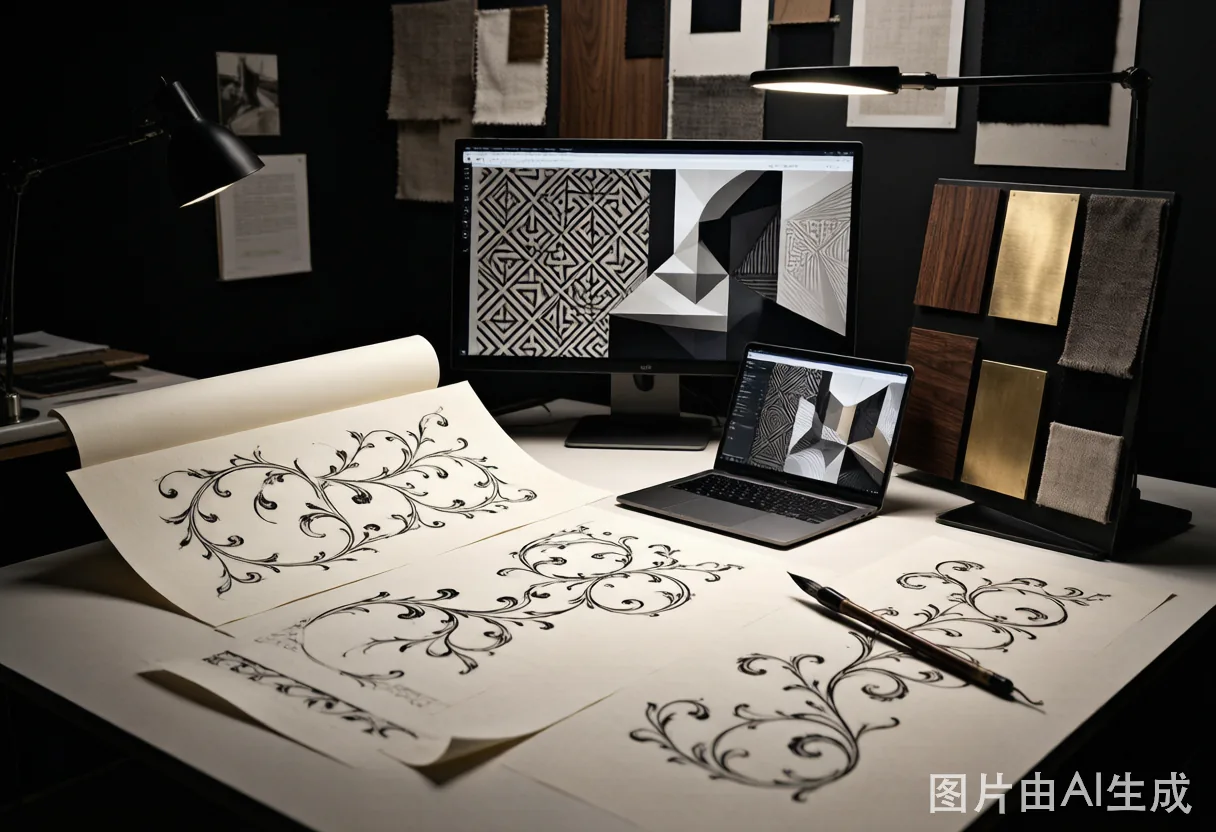 Heritage Surface Lab — vine drawings, Arabesque references, material samples, render previews.