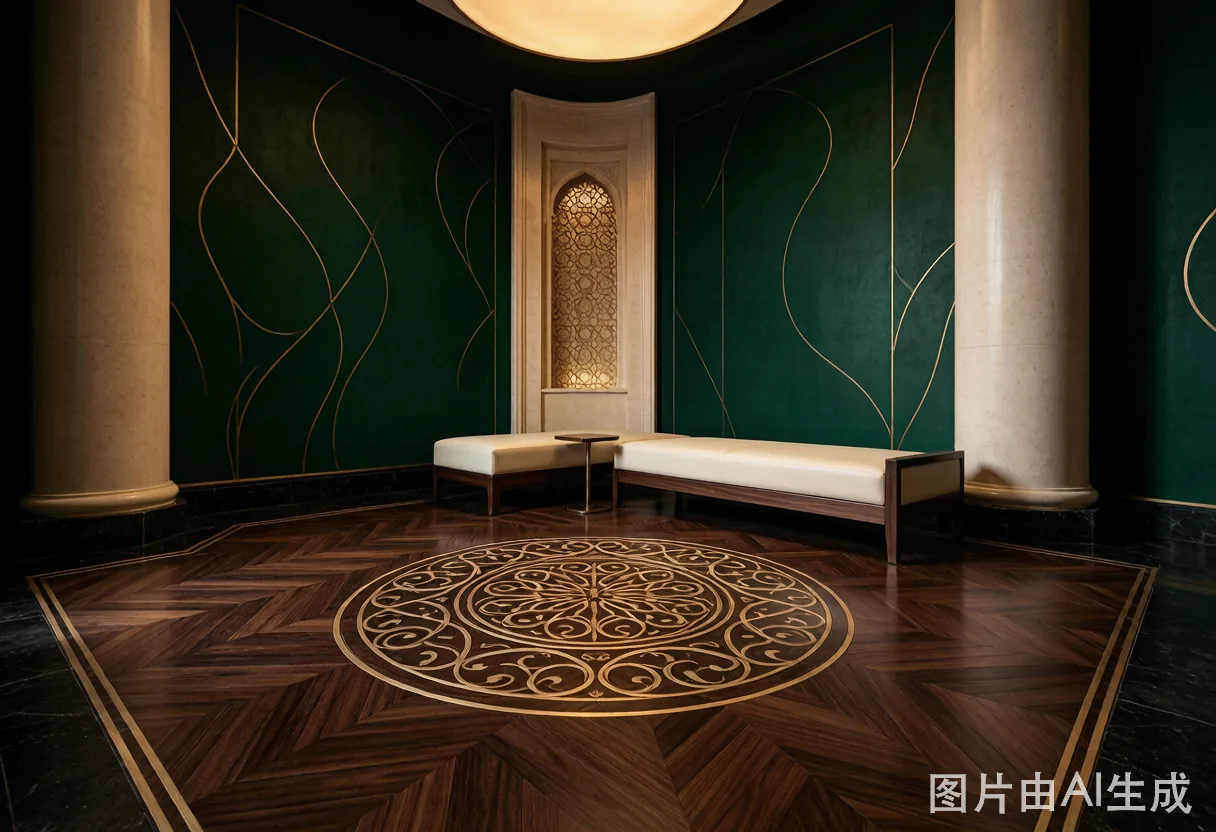Luxury Middle Eastern Majlis interior with vine pattern surfaces