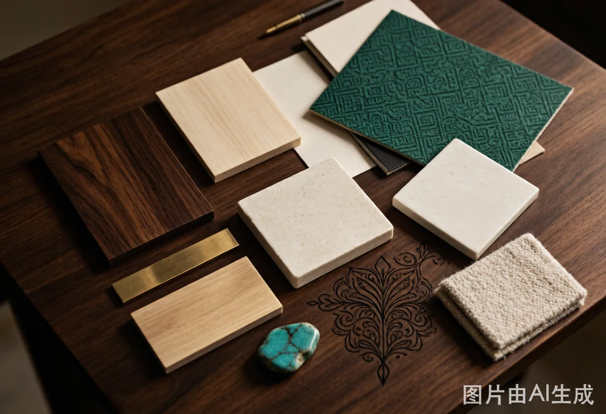 Material library showing wood, brass, tile and textile samples for vine surface design