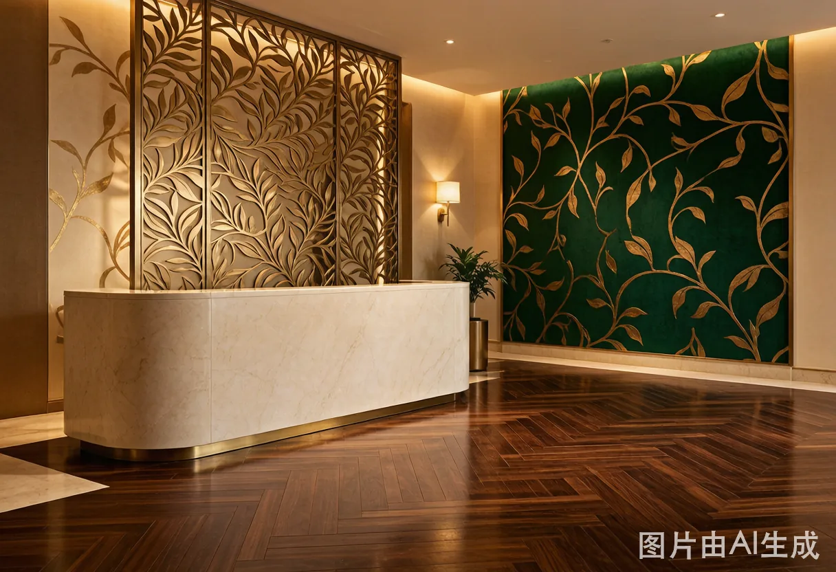 Hotel lobby — corridor system extends into the lobby as one coordinated surface language.