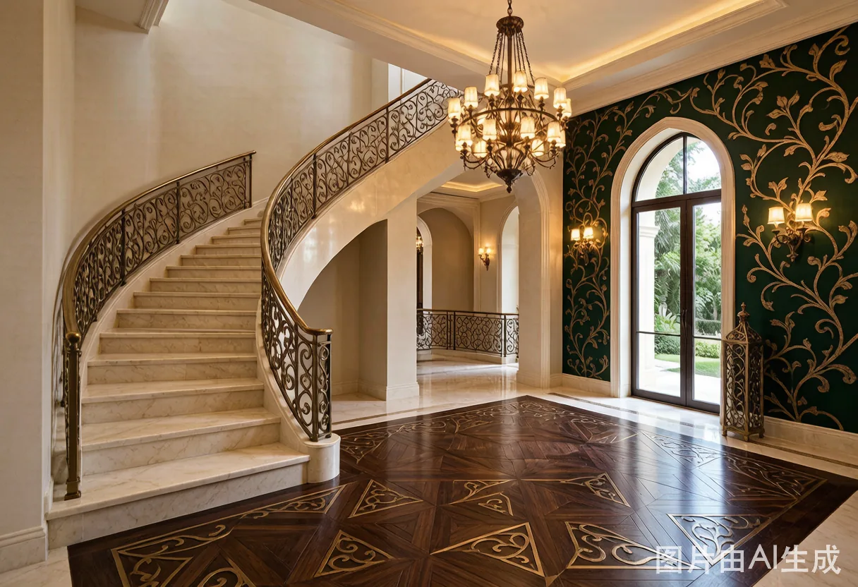 Villa entrance hall — tile, stone and brass as one coordinated surface system.