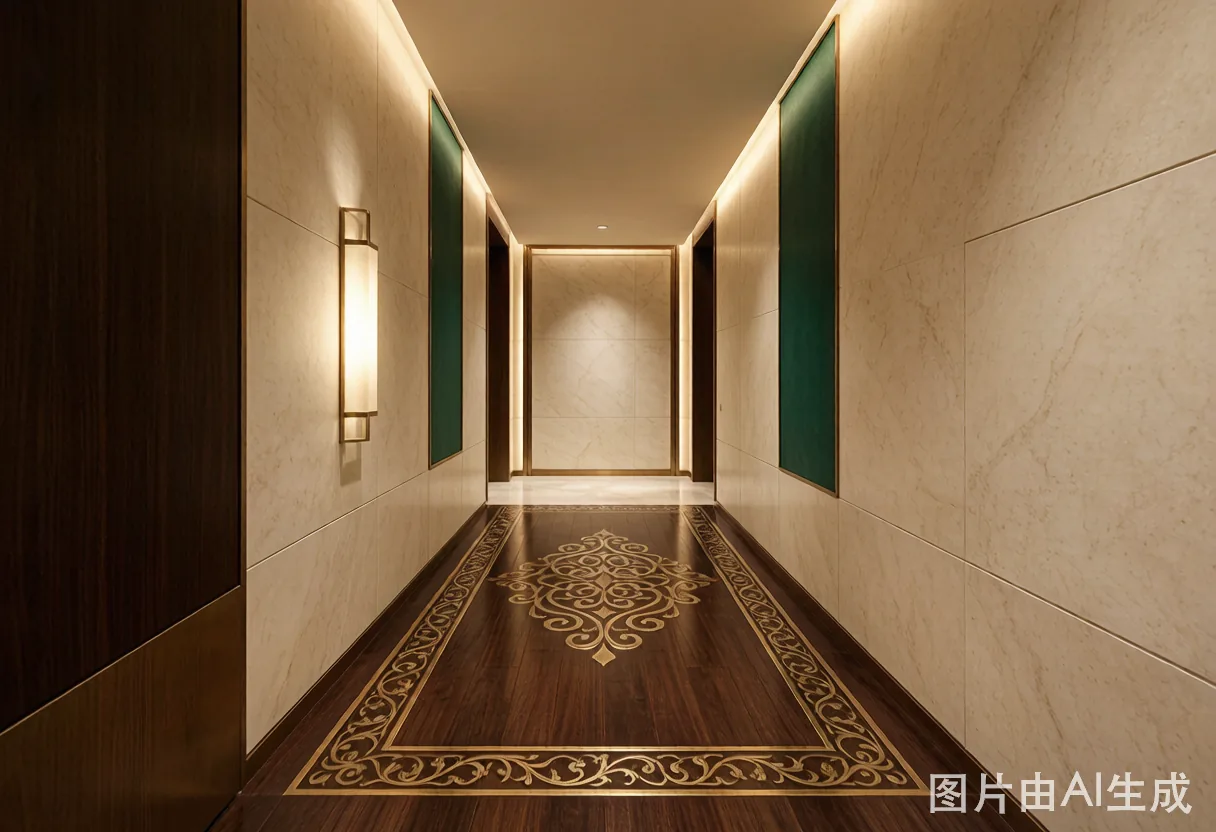 Luxury hotel corridor with walnut vine border floor, cream stone walls, emerald accent panels.