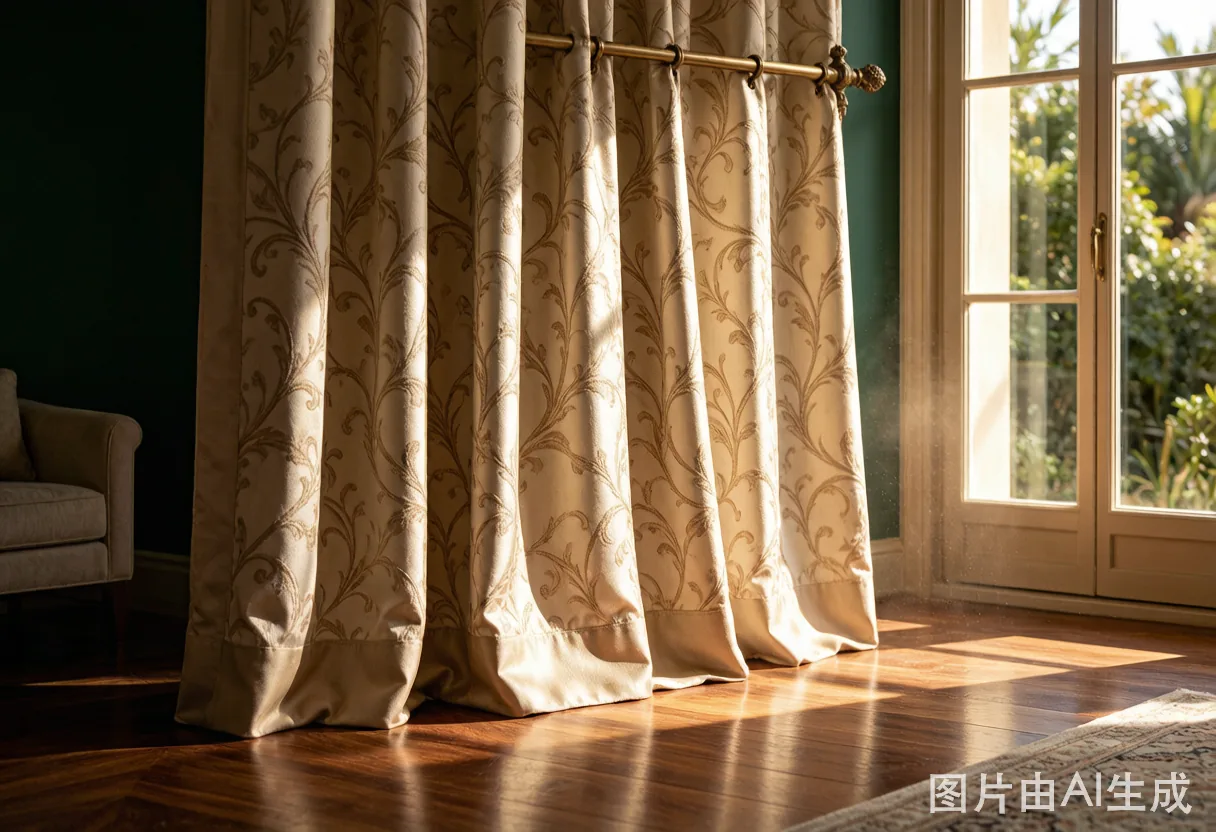 Luxury silk curtain with tone-on-tone vine pattern in a Middle Eastern villa bedroom.