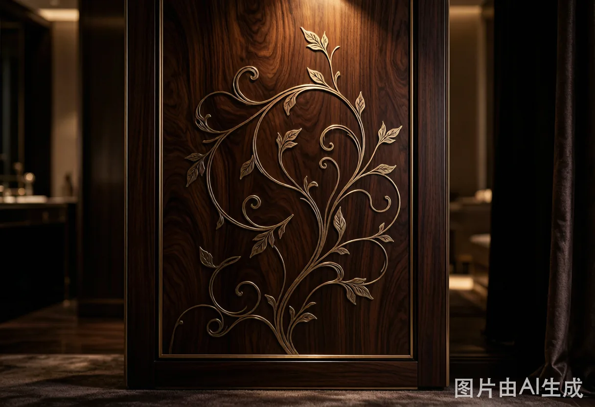 Custom cabinet door panel with walnut veneer and brass vine inlay in a villa dressing room.